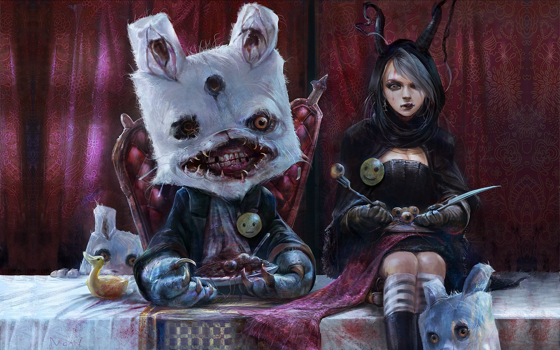 girl rabbit monster eyes fork knife table lunch blood fall surrealism smiley the throne shade alice