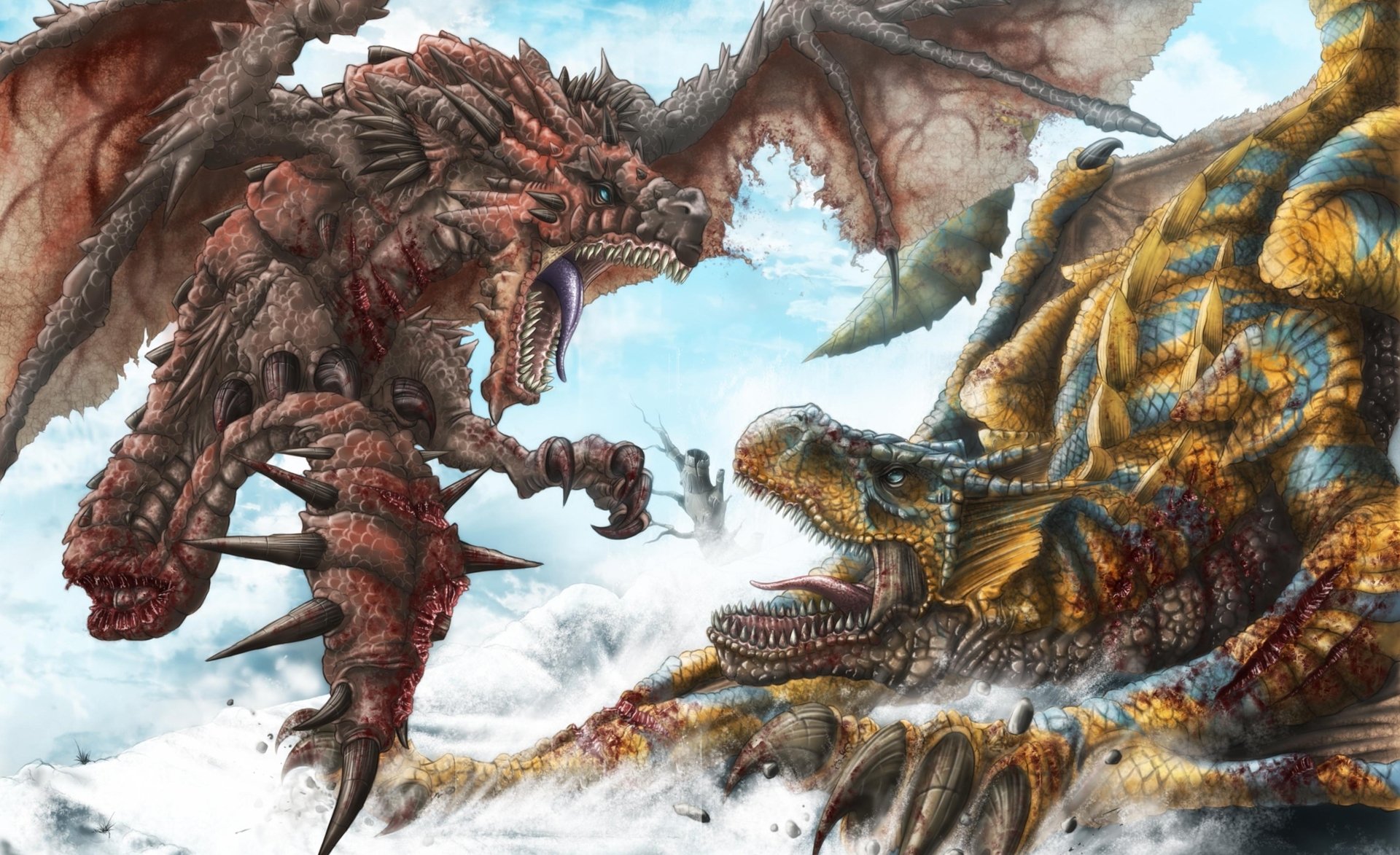 dragones batalla fauces espinas heridas sangre nieve arte