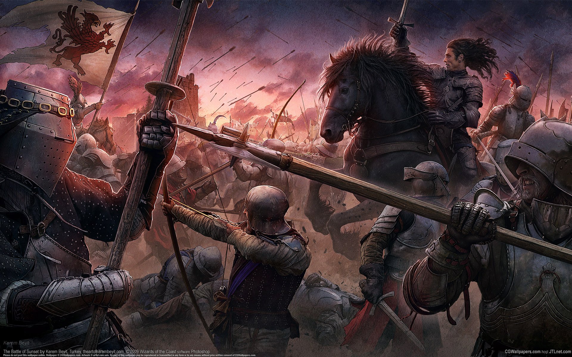 cg wallpaper kerem beyit sunset battle medieval style medieval castle knights barbarians armor horses arrows sunset battle warriors horses horsemen swords bows arrows spears armor weapons banner