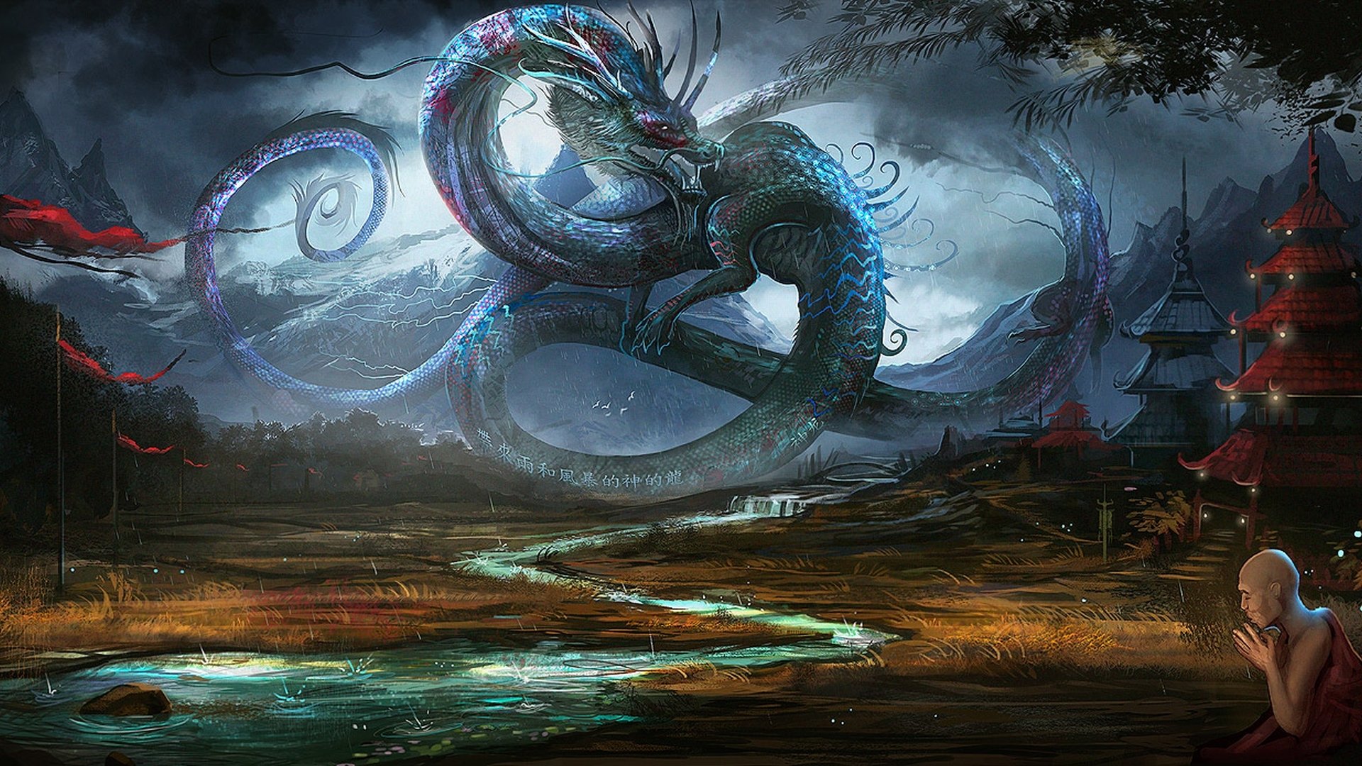 asien drache buddhist männlich tempel regen fluss berge