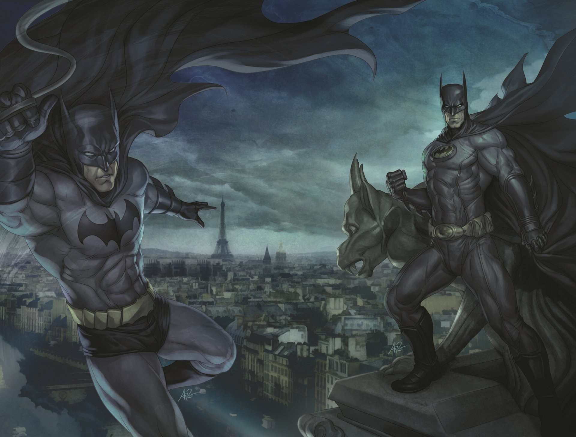 artgerm stanley lau dc comics batman dach paryż płaszcz gargulec