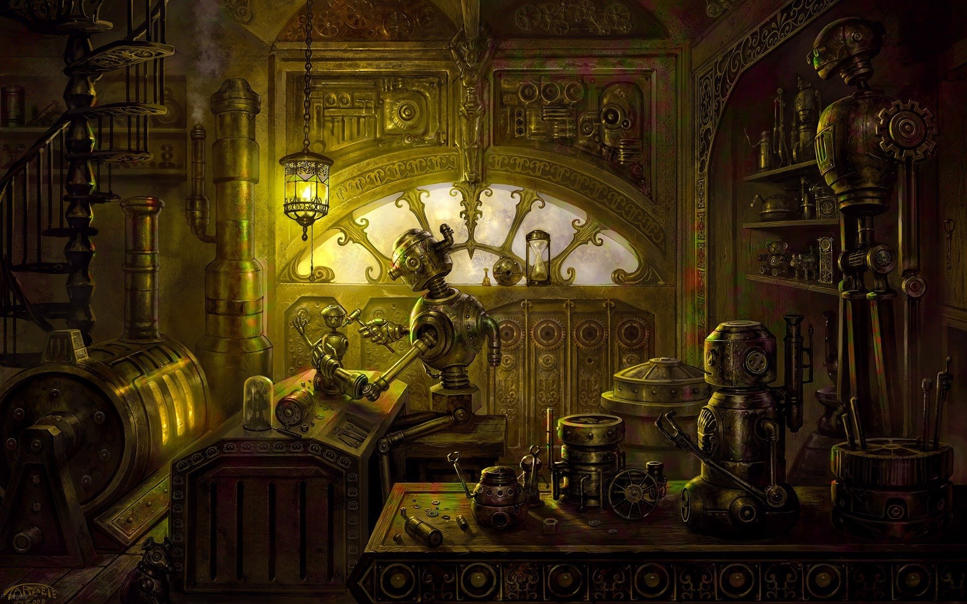 steampunk robot officina parti forno lampada da tavolo macchina utensile