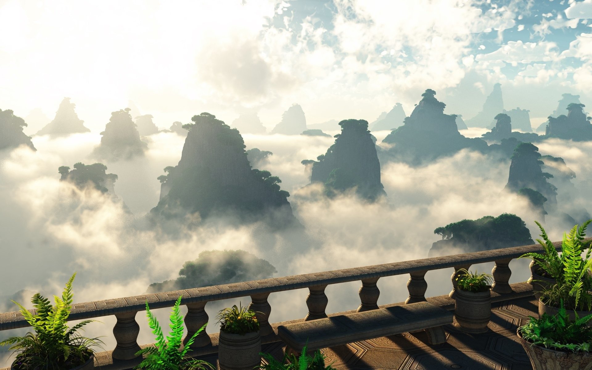 wolken felsen grün bäume geländer balkon