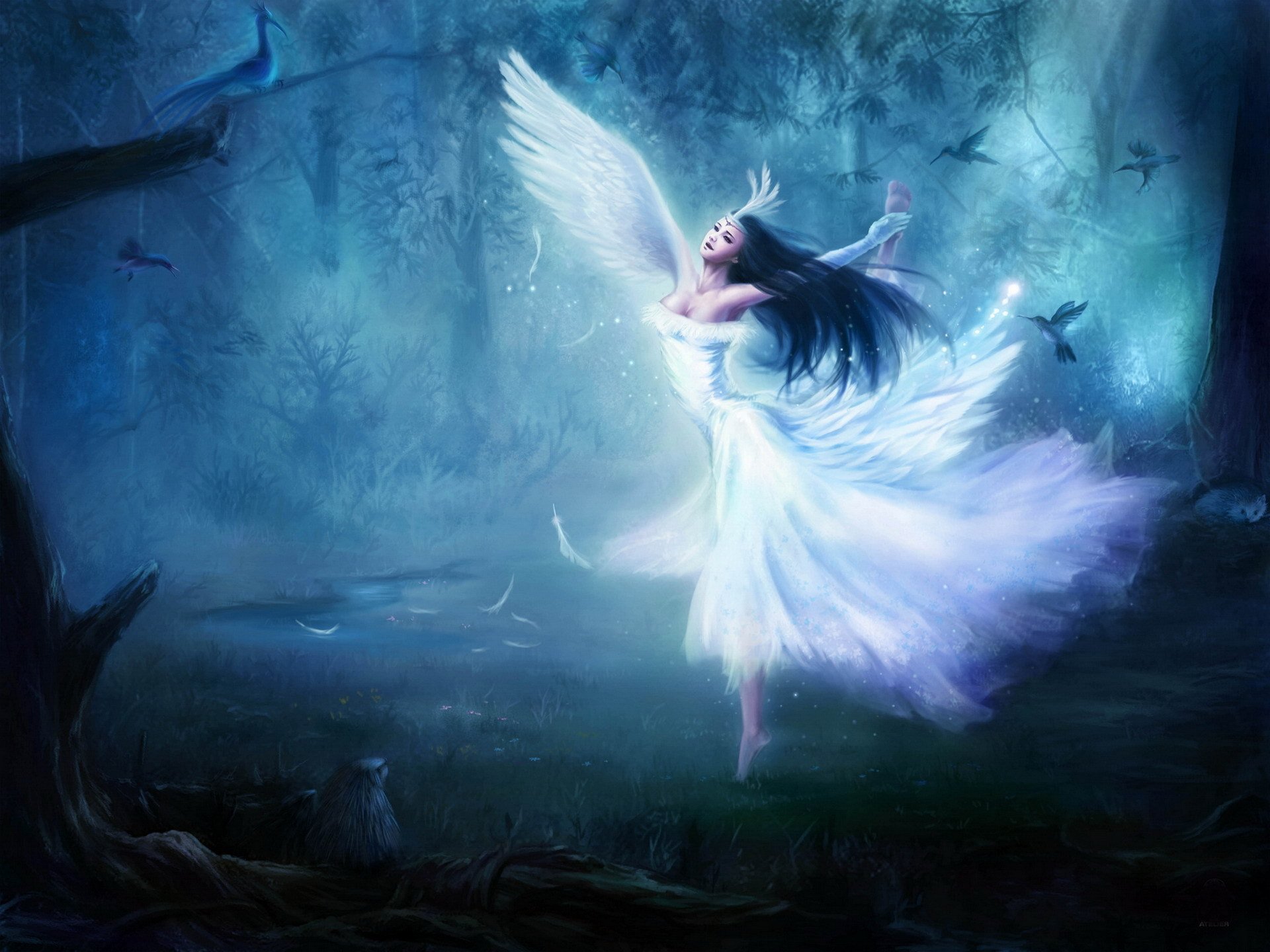 girl angel wings birds forest dance