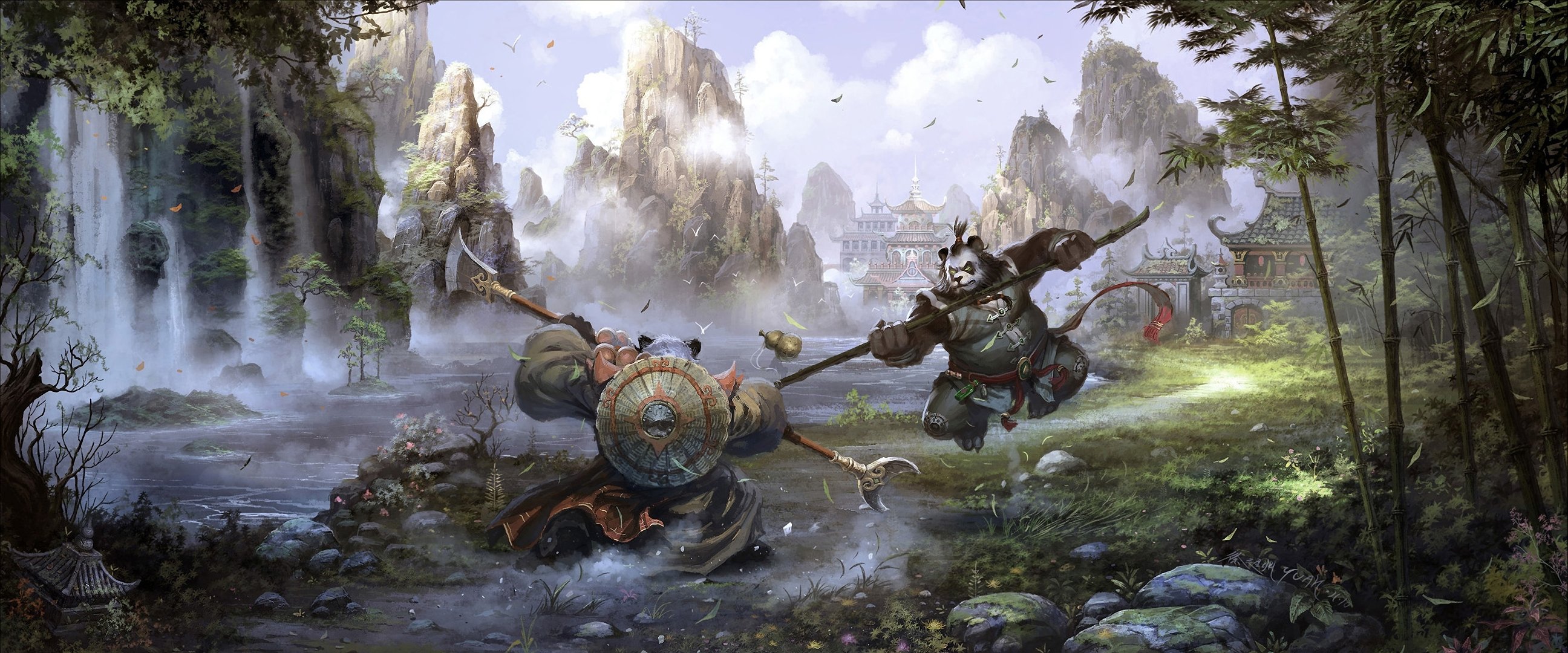 art chao yuan xu kung fu world of warcraft brumes pandaria panda asie bâtiments montagnes roches rivière cascade paysage bataille duel guerre bambou feuilles armes