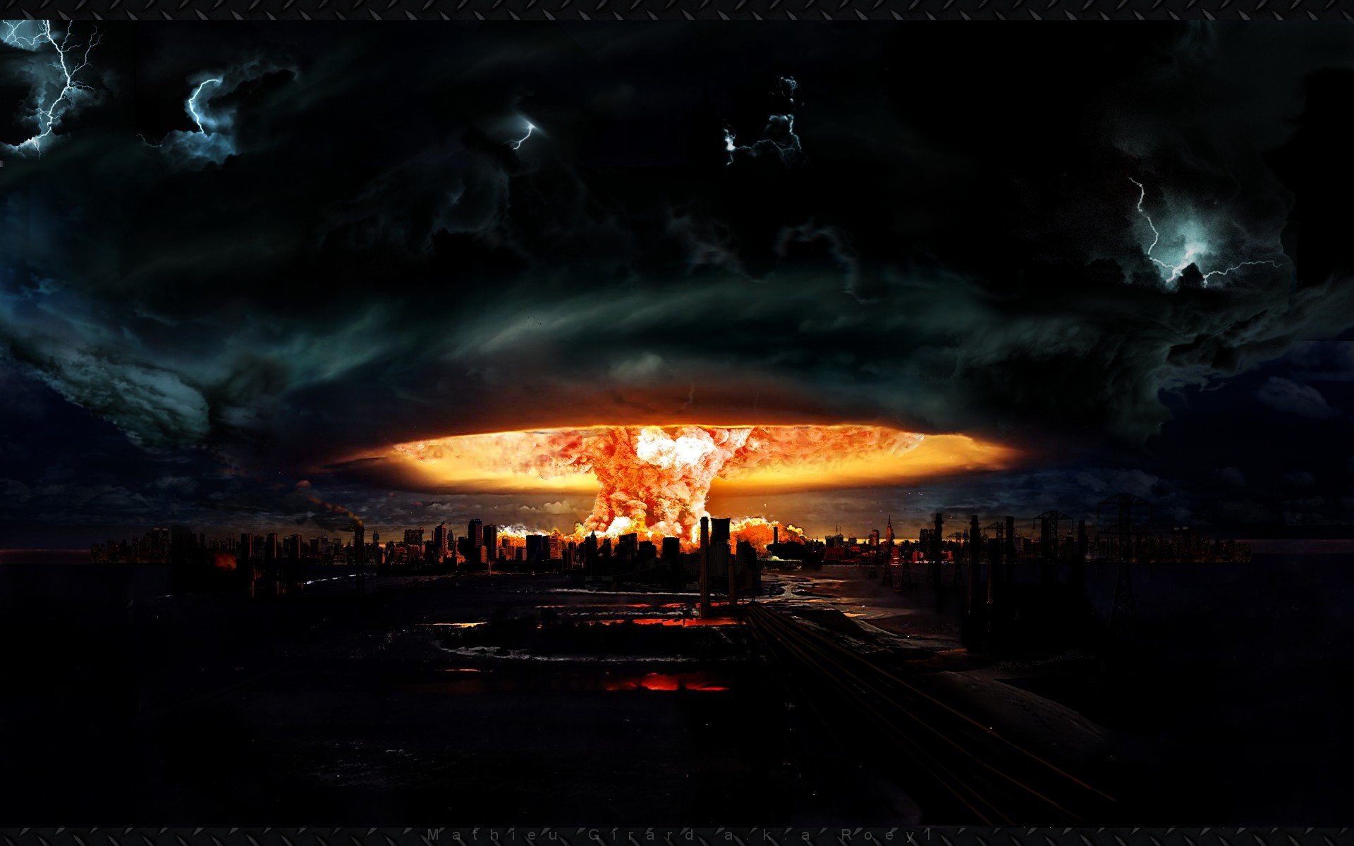 art picture explosion nuclear mushroom town. flame apocalypse