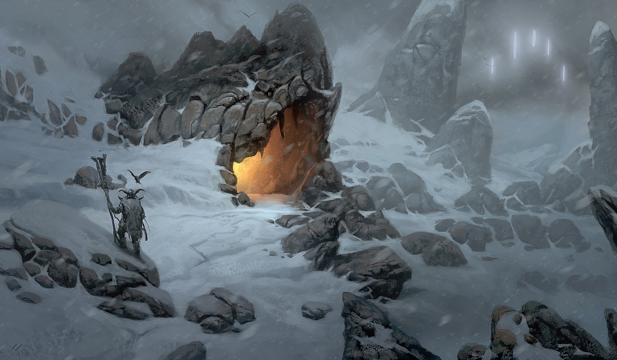 art mountain snow cave fire viking