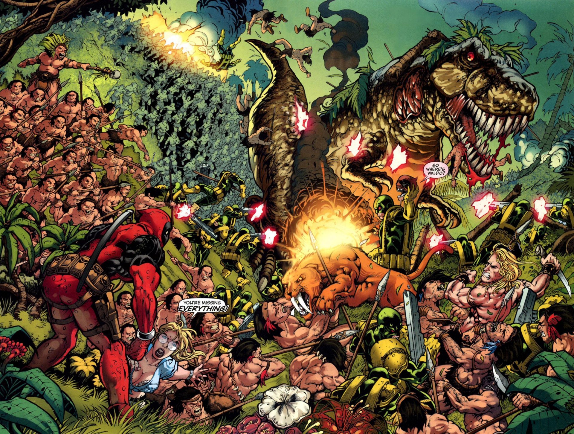 deadpool marvel cómics pistola ninja héroes explosiones batalla guerras armas cómic selva dinosaurio sangre