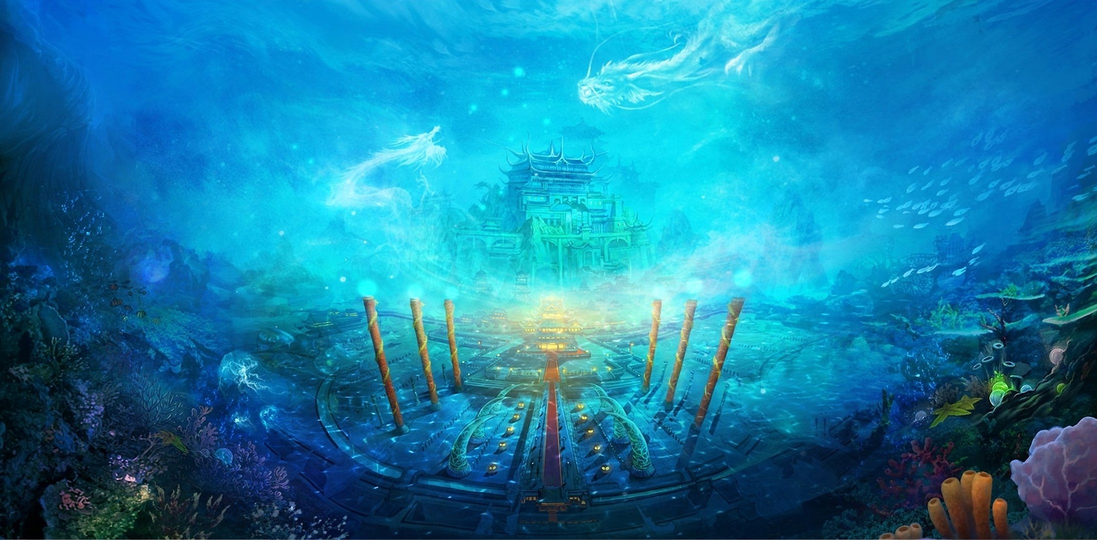 temple under water coral fish underwater world column dragons magic