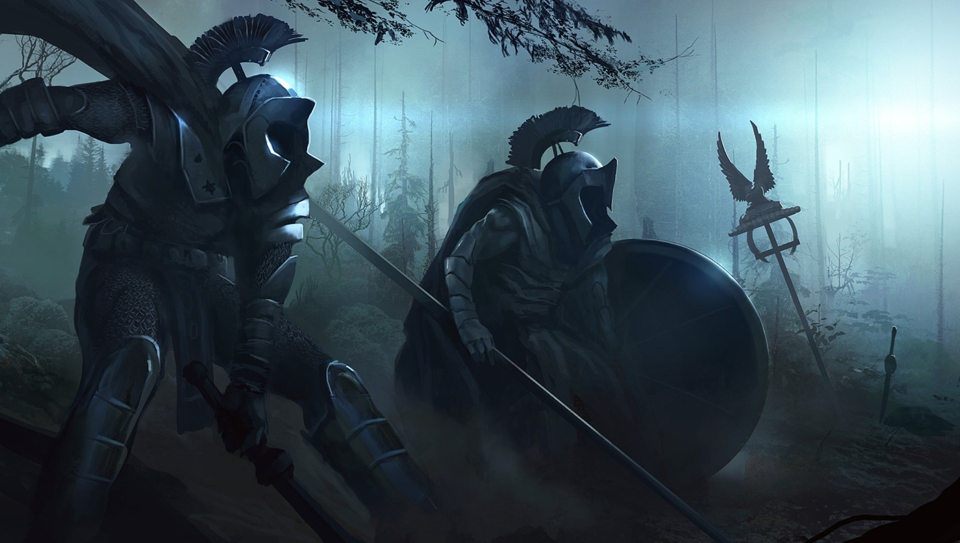 war dark armour spear swords weapon fishing forest night art