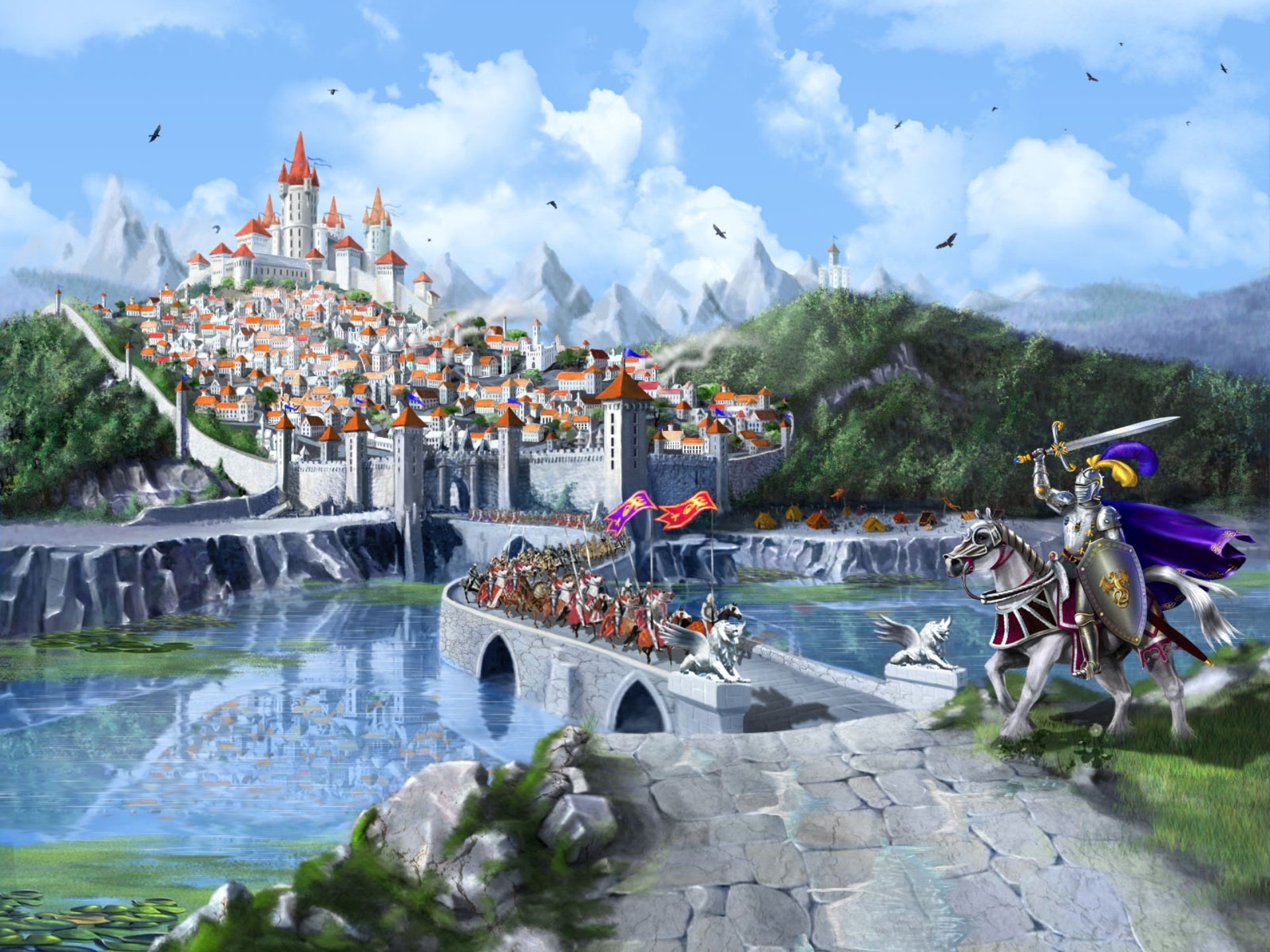 cg fonds d écran marina kecman moyen age fantasy ville château pont lac montagnes bois chevaliers forêt cavalerie chevaux