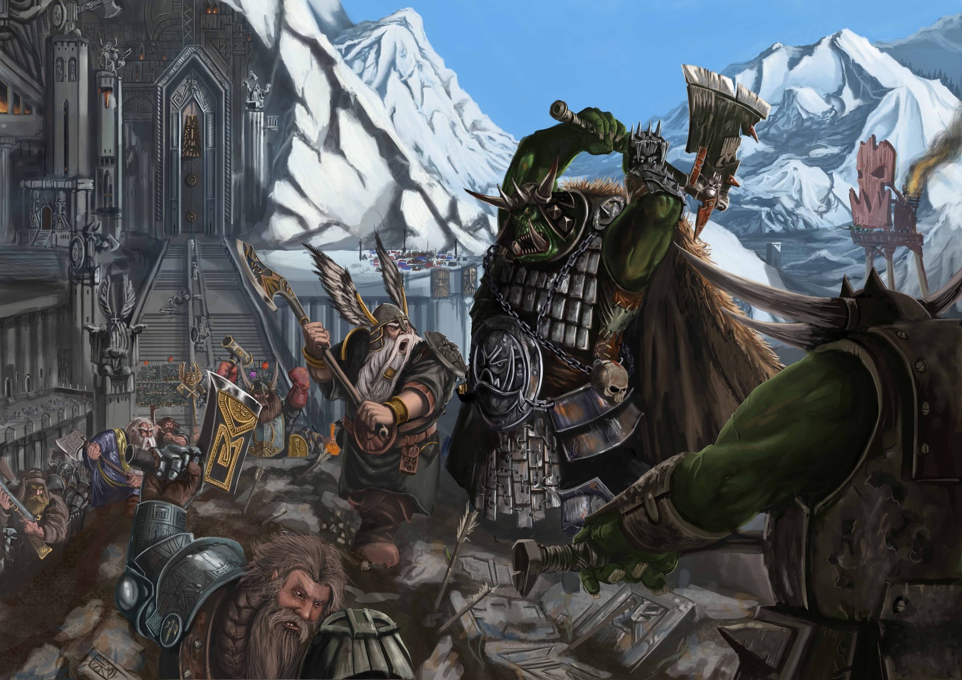 warhammer fantasy battaglie attacco a karak azula nani orchi fortezza montagna gradini statue guerrieri armi thor ascia