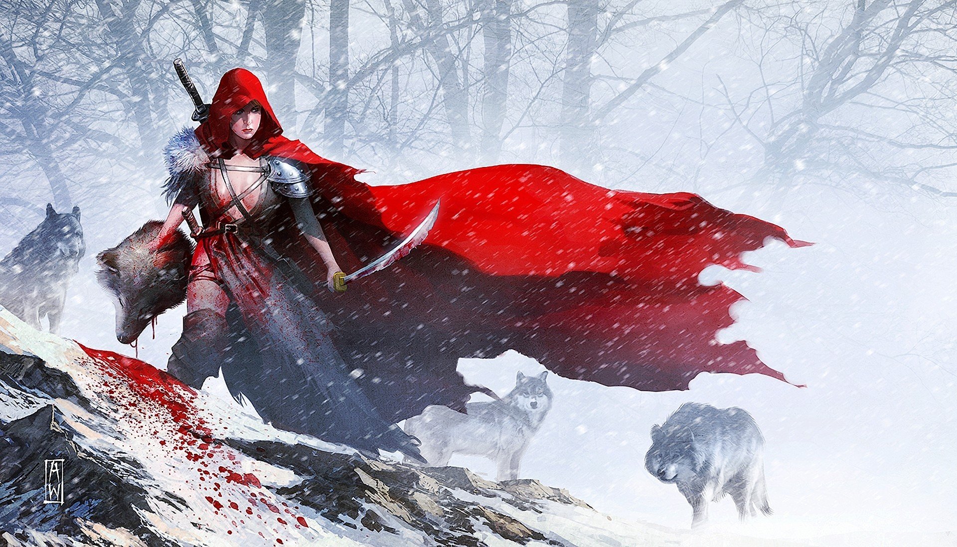 art red riding hood girl wolves snow head weapon sword blood