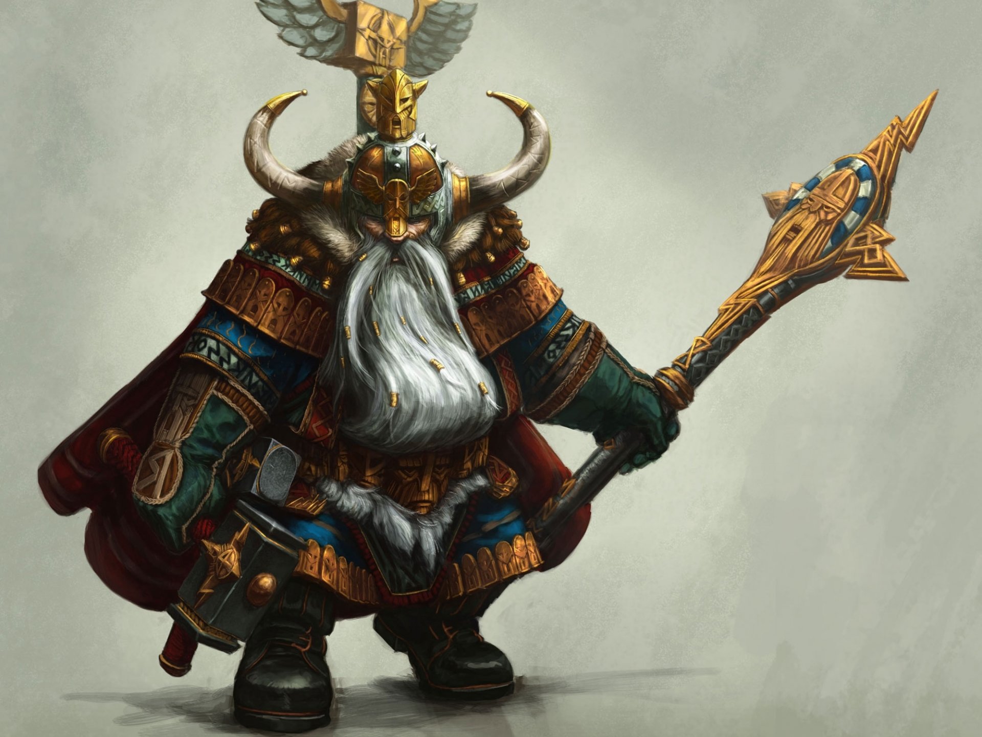 gnome hammer beard horn armour staff helmet warrior art