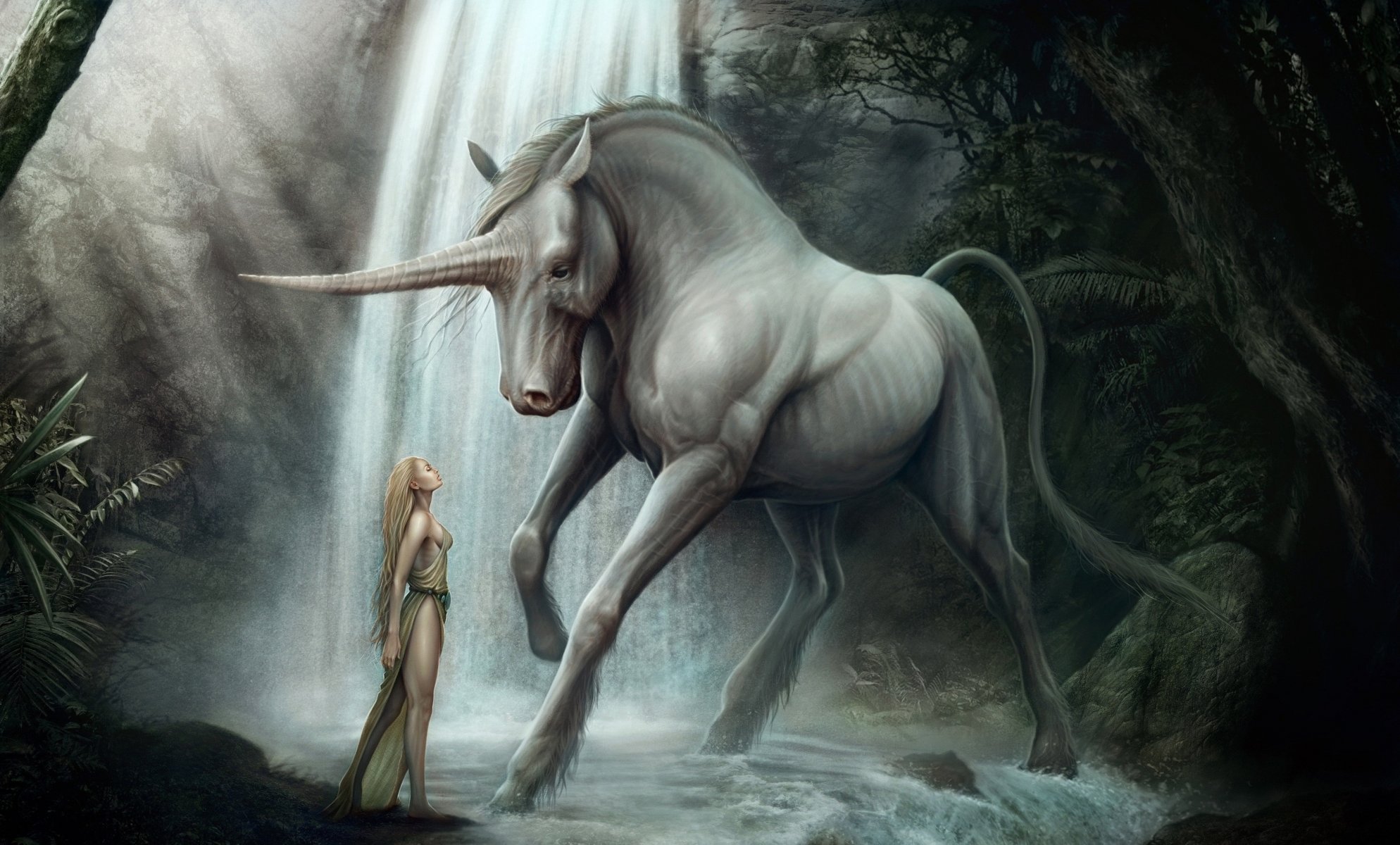 art kenbarthelmey cheval licorne corne fille cascade forêt