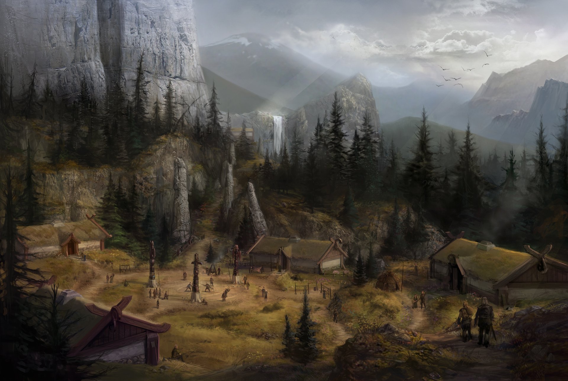 dragon age concept art montagne cascata paesaggio villaggio case fantasia