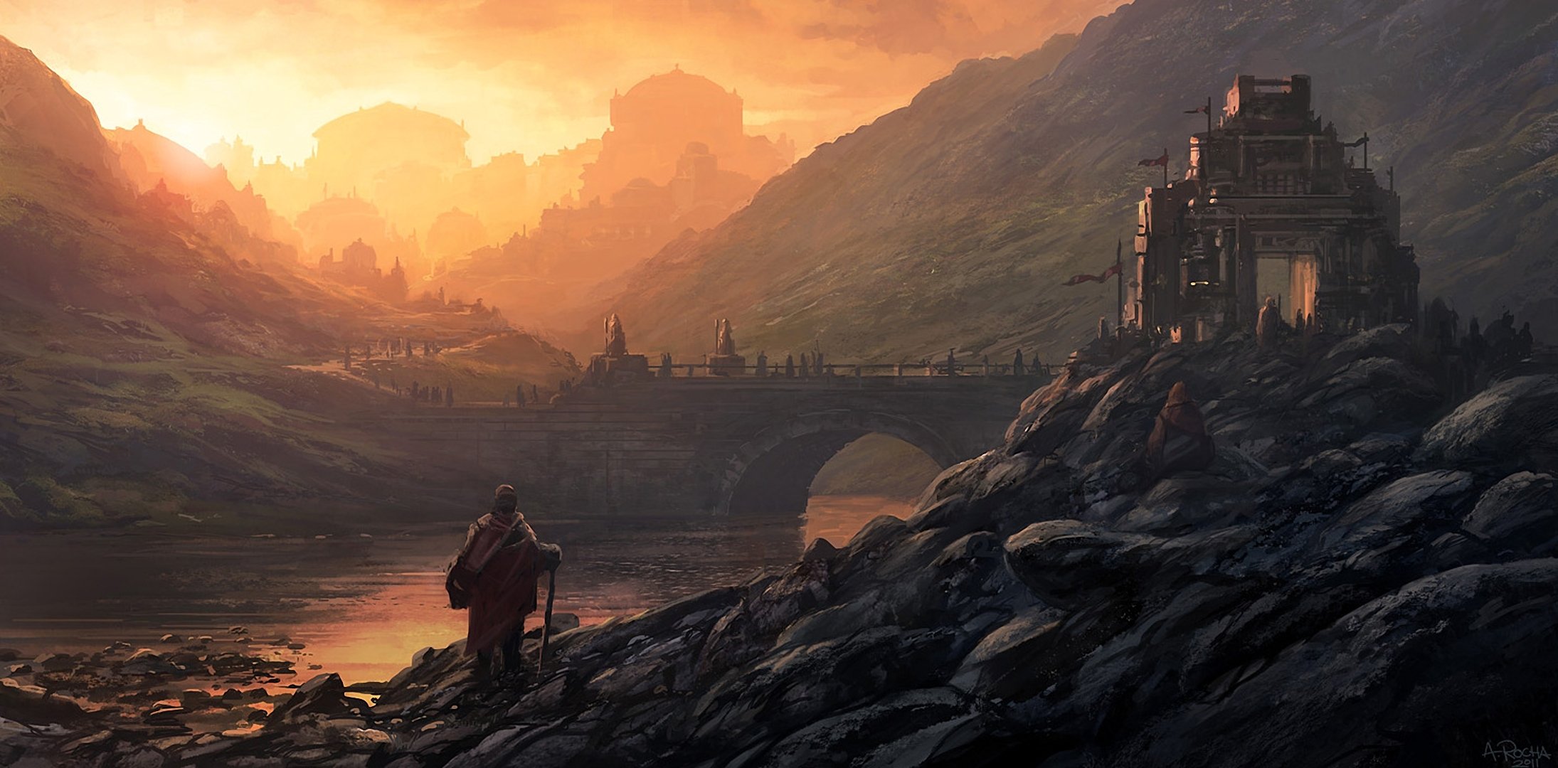 arte andreas rocha paisaje gente castillo puente río ciudad colinas piedras amanecer