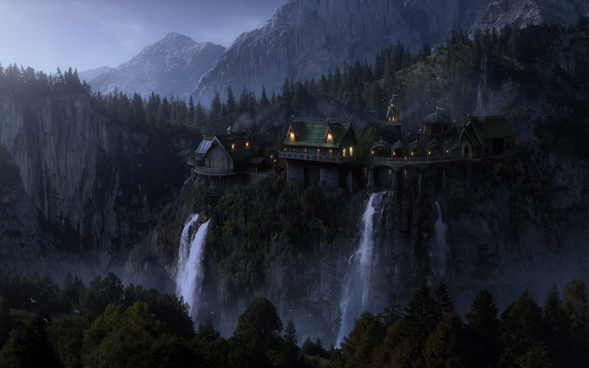 seigneur des anneaux rivendell imladris fantaisie château elfique cascades bois elfique soirée lanternes roches montagnes arbres oiseaux château elrond lumières roches forêt crépuscule