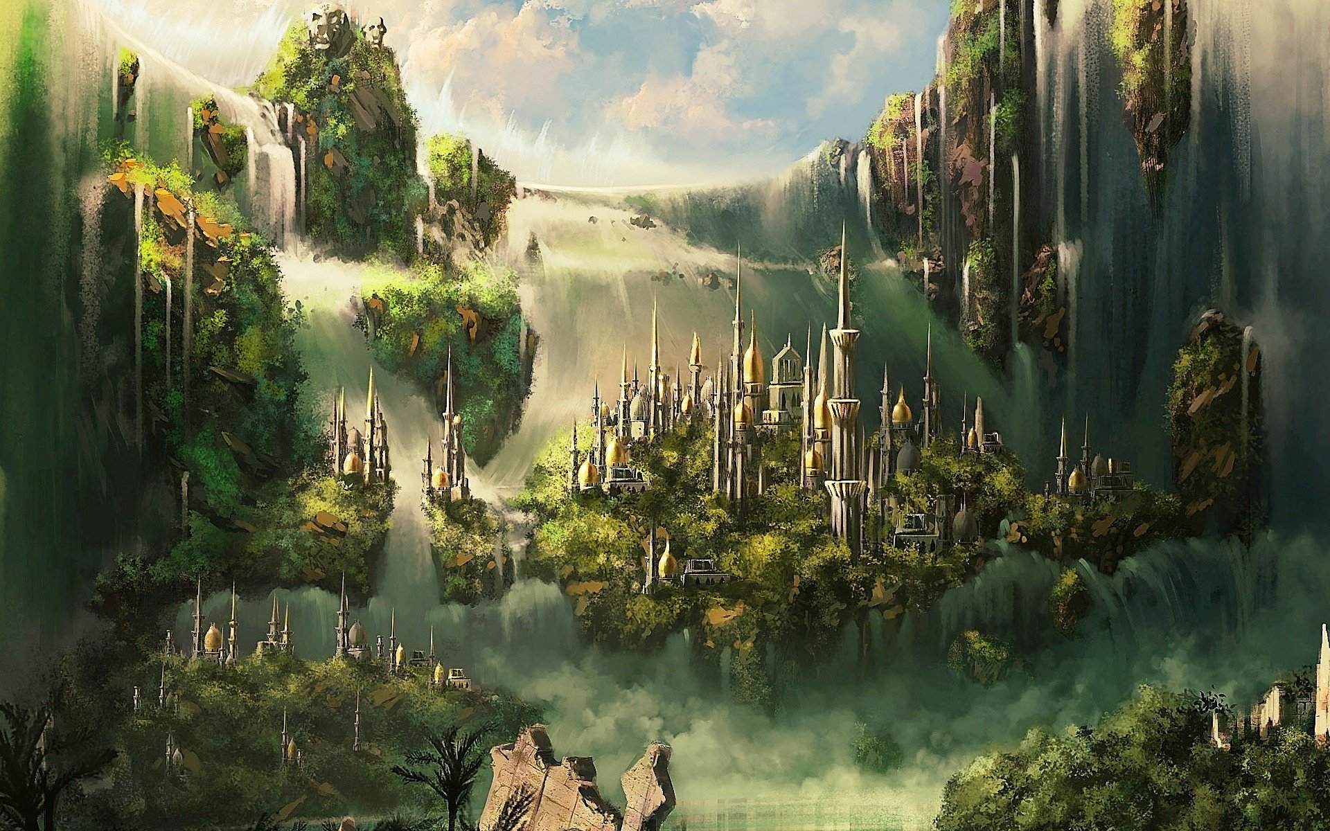 cg wallpapers elven castle castle tower spiers clouds waterfall