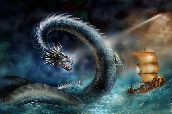 A sea serpent and a ship on the water during a storm