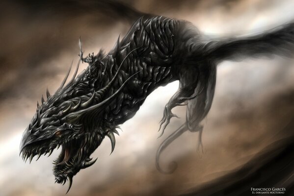 The dragon belches flames and there is darkness around