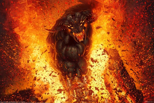 Un enorme demone distruttivo su uno sfondo di lava e ceneri volanti