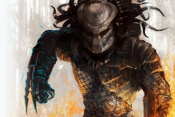 Drawing of a predator in armor walking in fire