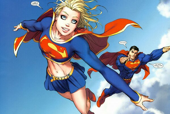 Supergirl y Superman superhéroes en vuelo