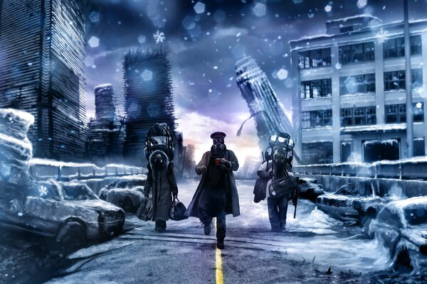 On the gray-blue background of the destroyed frozen city, the image of three soldiers