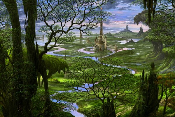 A fantasy castle in the middle of a forest surrounded by a river
