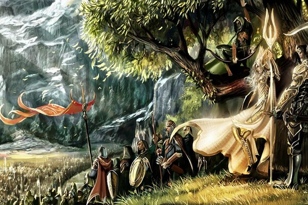 Elfen-Krieger mit Fahnen in den Bergen