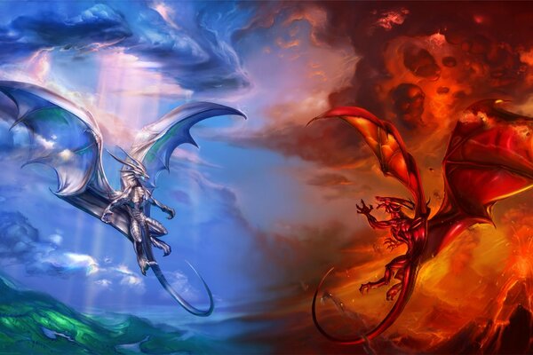 Dragones azules y rojos en el cielo