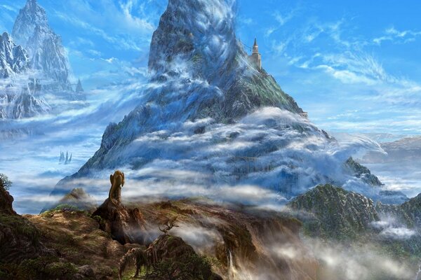Fantasy mountain on the background of clouds