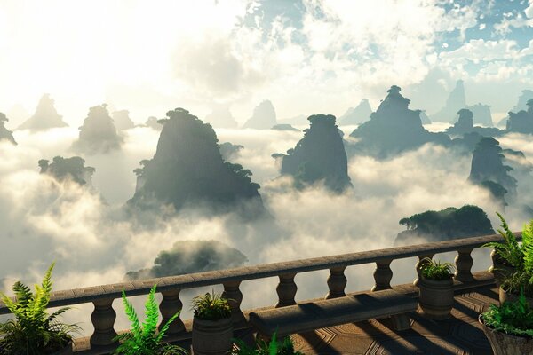 A balcony with greenery next to white clouds