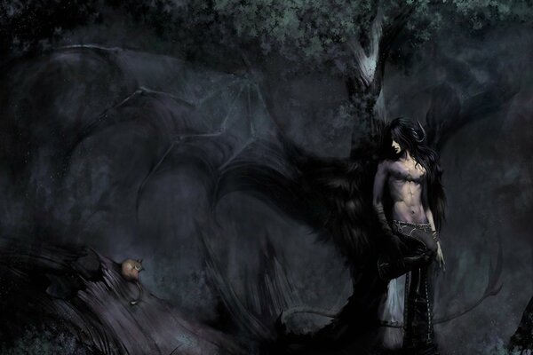 Mec démon dans la forêt sombre sur un arbre avec un chat roux