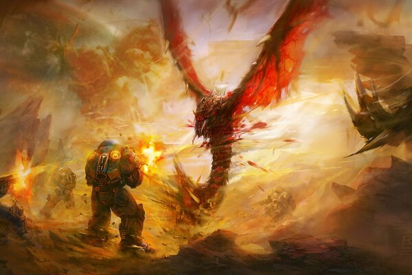 Fighting warriors with a fire dragon