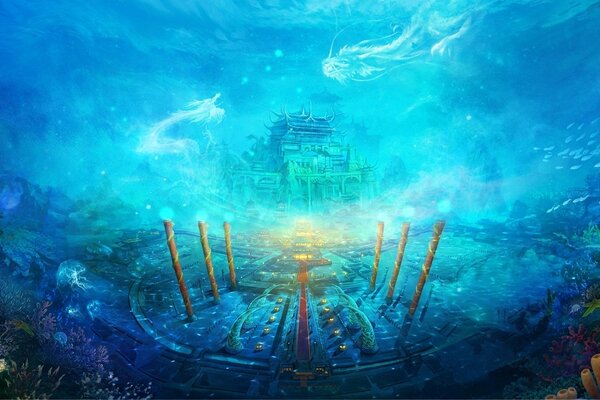 Подводный мир с храмом, колоннами, кораллами,, плавающими рыбами, драконами