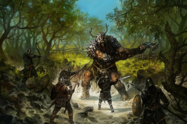 The battle of the troll and people in the forest