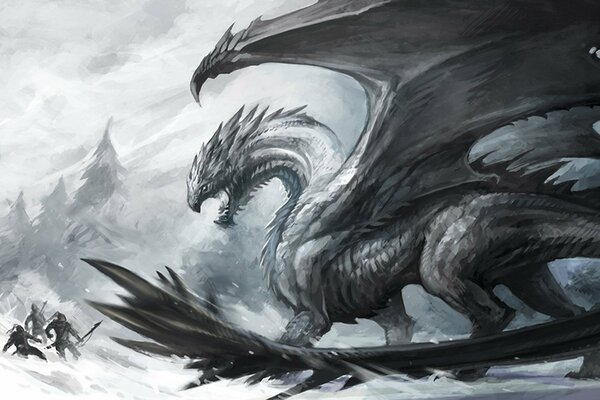 The battle of people with a dragon in the snow