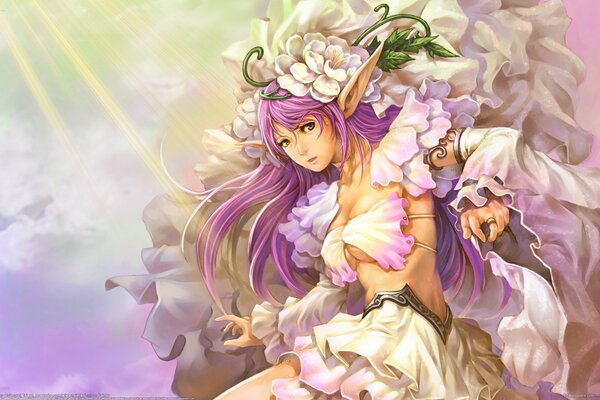 Elf girl with lilac hair in flowers