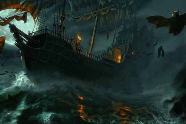 Sea storm, ship and bats