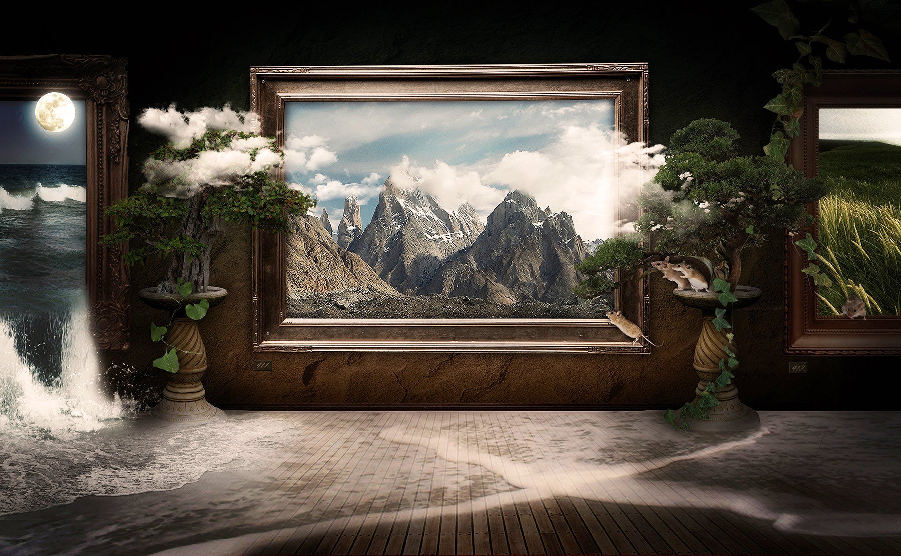 frame frame landscape nature waterfall moon mountains mice paintings painting gallery clouds room collage