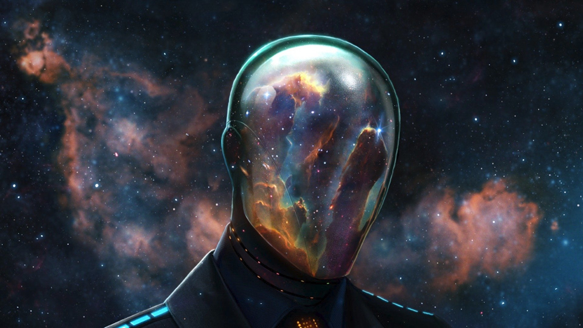 hombre traje espacial casco máscara estrellas espacio nebulosa