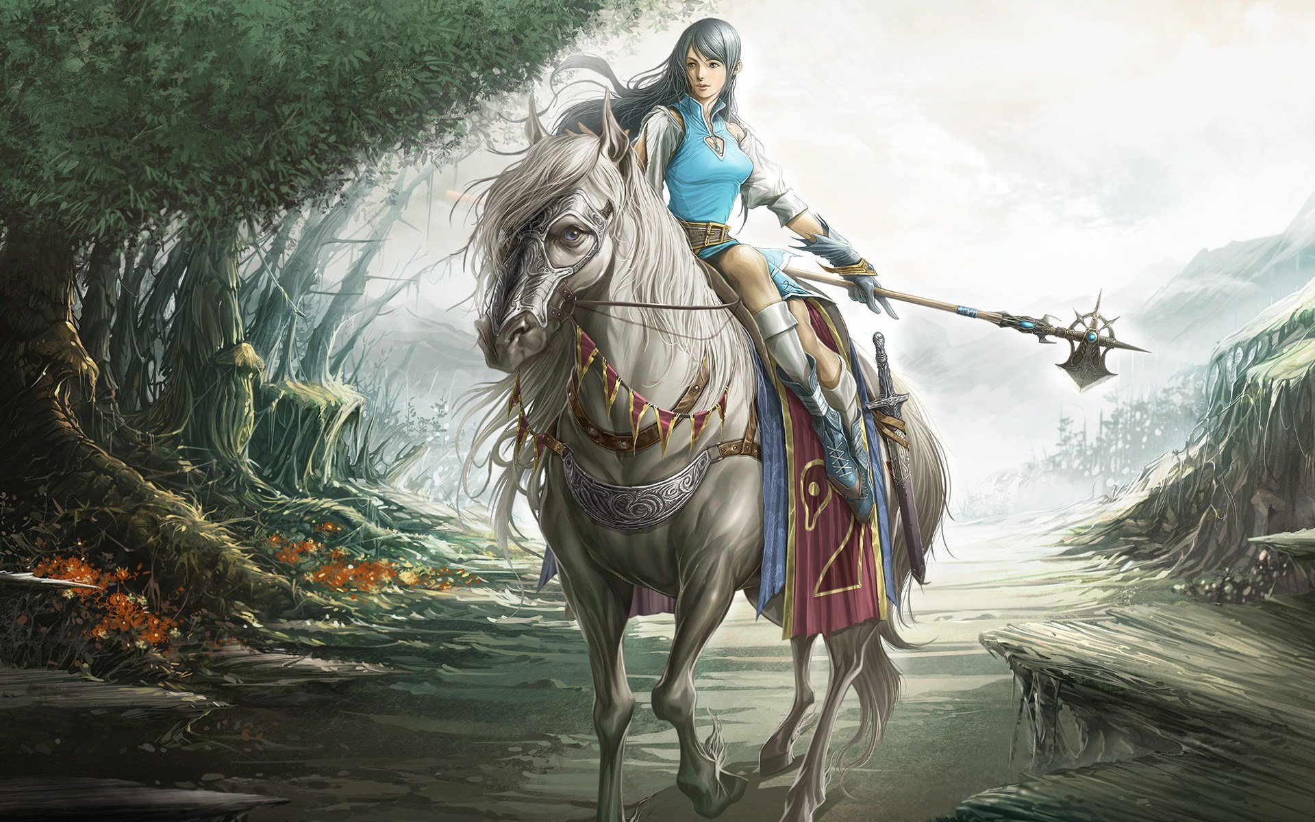 girl horse weapon sword forest tale