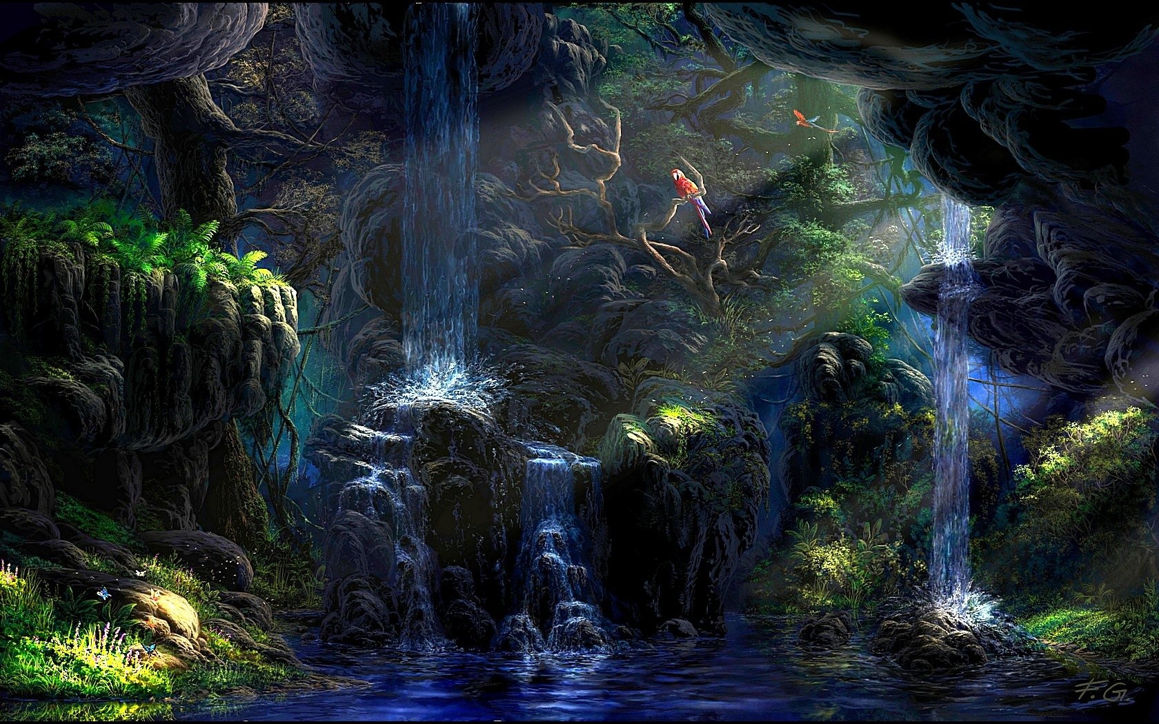 fel-x waterfall water forest birds rays tree jungle