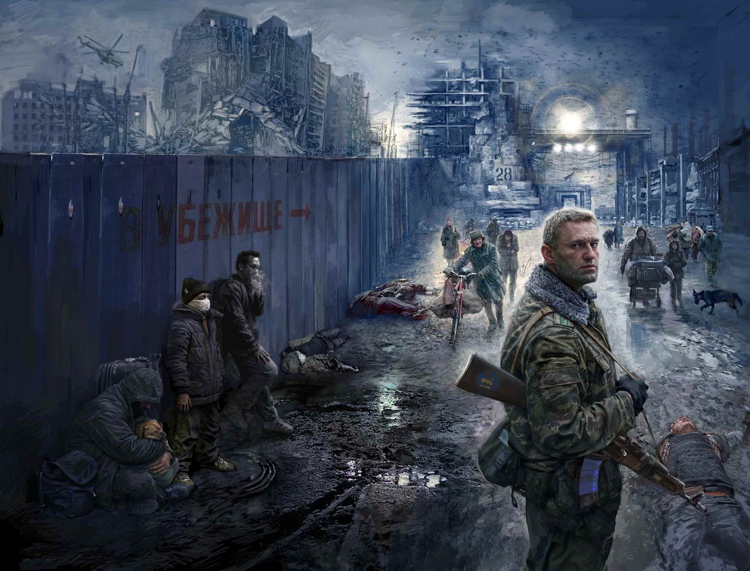 personnes réfugiés abri soldat mitraillette cadavres neige fondante héros film route post-apocalyptique