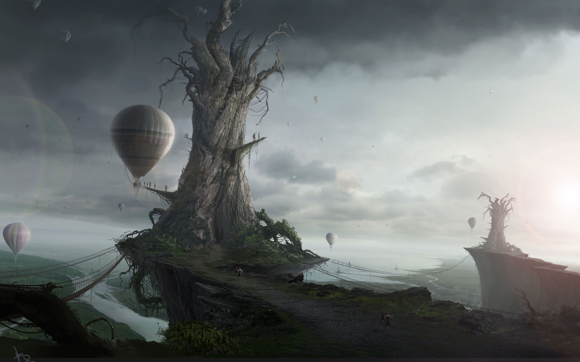 fantasy balloons fantasy trees landscape sadness sky aeronautics evacuation islands world