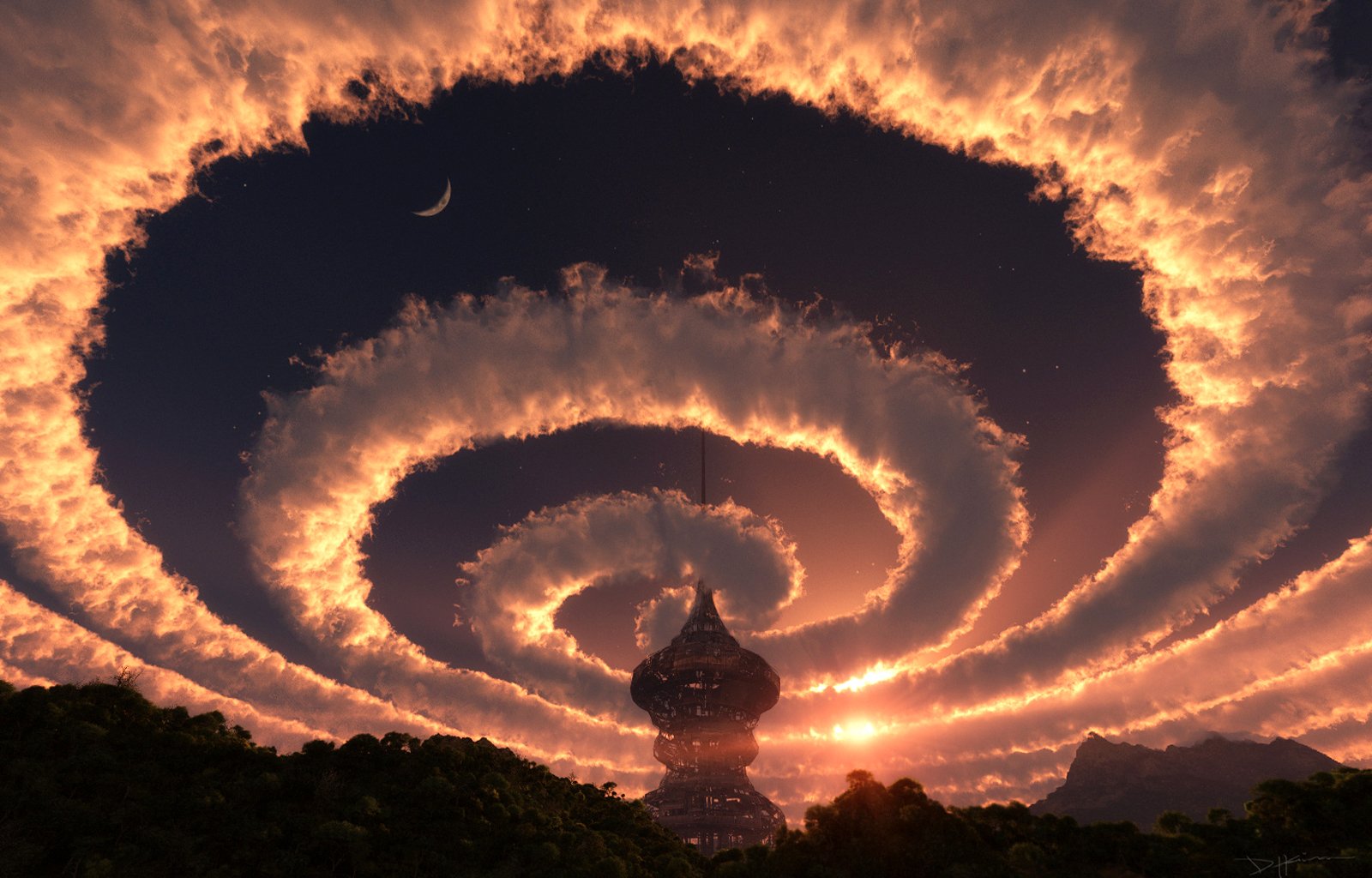 himmel raum wolken spirale 3. struktur wald turm sonnenuntergang sterne sonne kuppel kirchturm abend natur landschaft