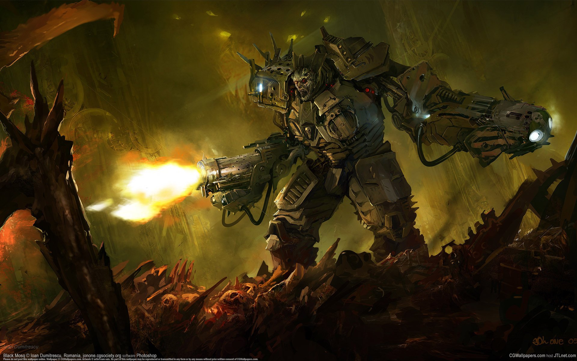 ioan dumitrescu black mosq warrior exoskeleton ruins firing fire