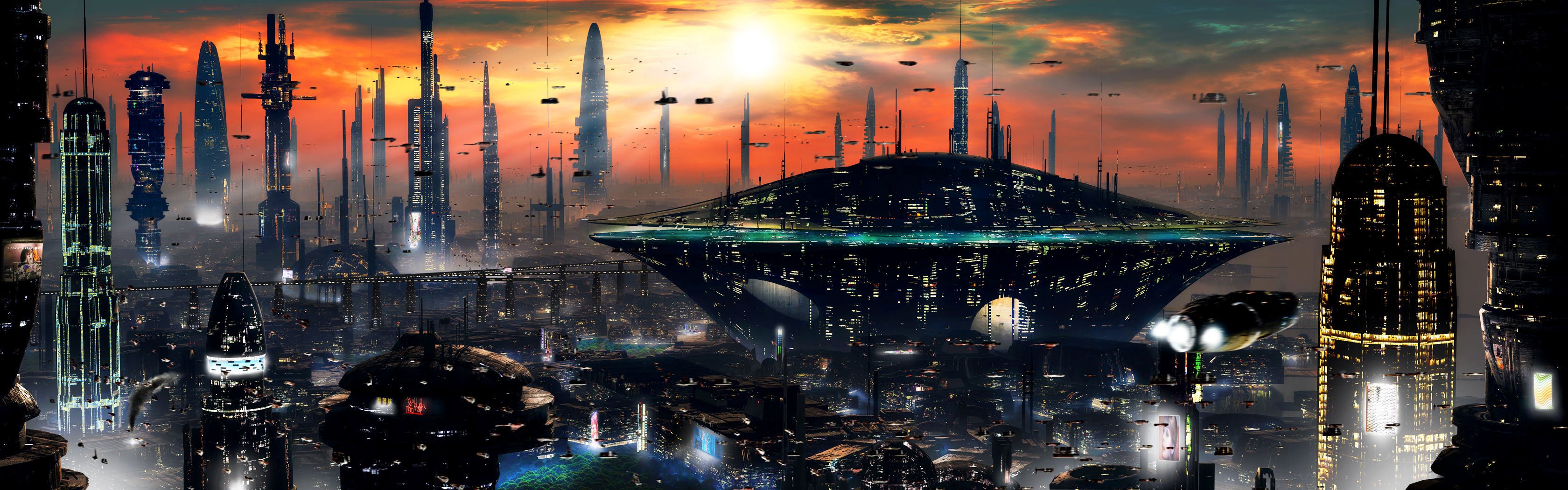 town sci-fi sunset future skyscraper